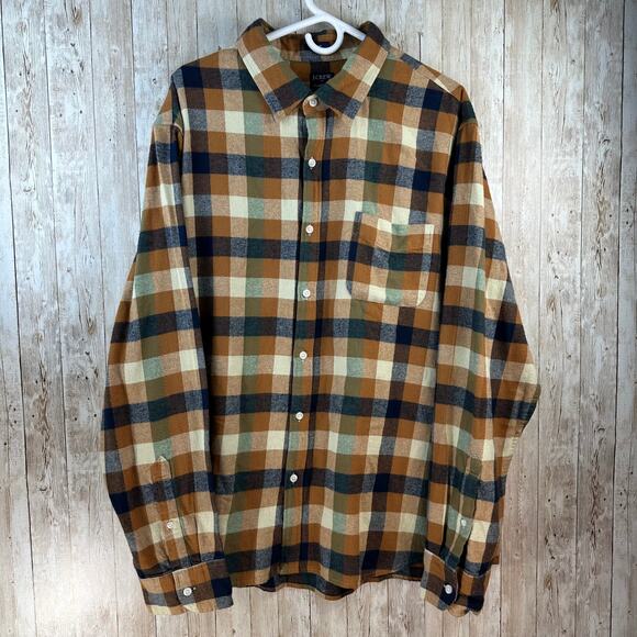 J. Crew‎ Flannel Shirt Mens size 2XL Orange Navy Plaid Slim Fit Button Shirt - Picture 1 of 7